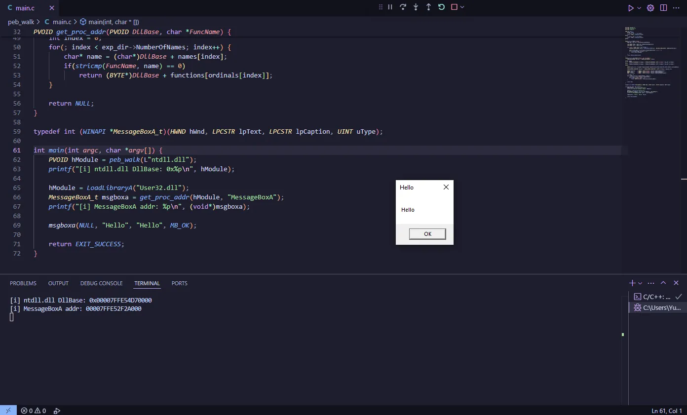 Call MessageBox with PEB Walk